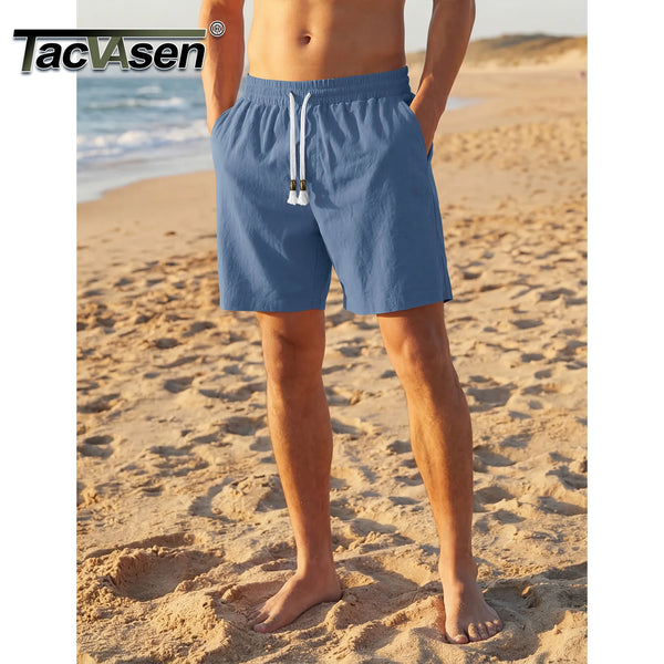 TACVASEN Men's Cotton Casual Shorts Loose Summer Beach Vacation Short Solid Pants with Deep Pockets Elastic Waist 7 Inch Inseam