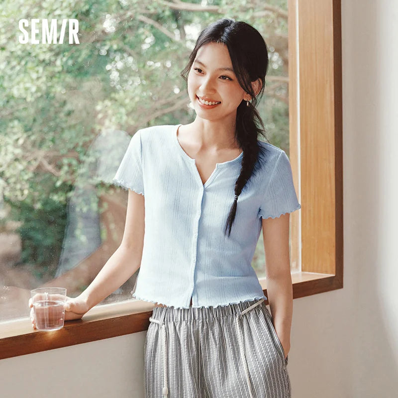 Semir Womens Tshirt 2026 Short Hollow Jacquard Texture Slim Pure Cotton Ruffle Edge Casual