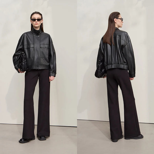 Amii Coat for Woman 2025 Autumn New Retro Modern Lapel Leather Jacket Women's Loose Long Sleeve Women's Leather Jacket 12543111