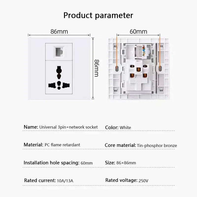 Universal 3-pin Wall Power Socket with Cat6 Network /HDML /USB Type-c/Fiber UK Wall PC Socket Intelligent Electrical Outlet plug