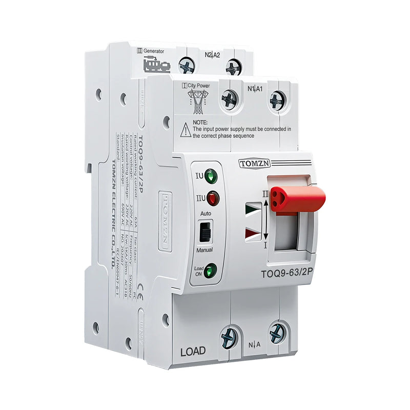 TOMZN TOQ9 Slim Auto Transfer Switch (ATS) – 2P/4P, 63A, 230V AC, DIN Rail Mount, Uninterrupted Power Changeover