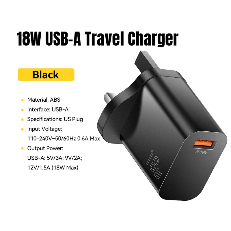 Essager 18W QC3.0 USB A Charger USB Quick Charge 3.0 Fast Wall Charger for Samsung S24 Huawei Xiaomi iPhone Mobile Phone Charger