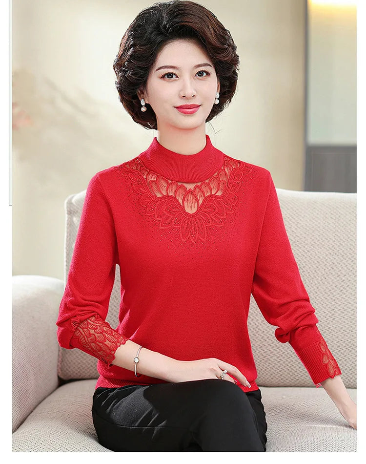 Turtleneck Warm Long Sleeve Knitwear Tops Spring Autumn Woman Clothing Middle Aged Mother Sweater Basic Wear Pullover Shirt
