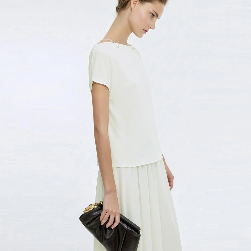 Amii Off-the-shoulder Women's Blouse 2026 Summer New Beaded Chain Chiffon Top Solid Loose Dolman Sleeve Shirt For Women 12642159