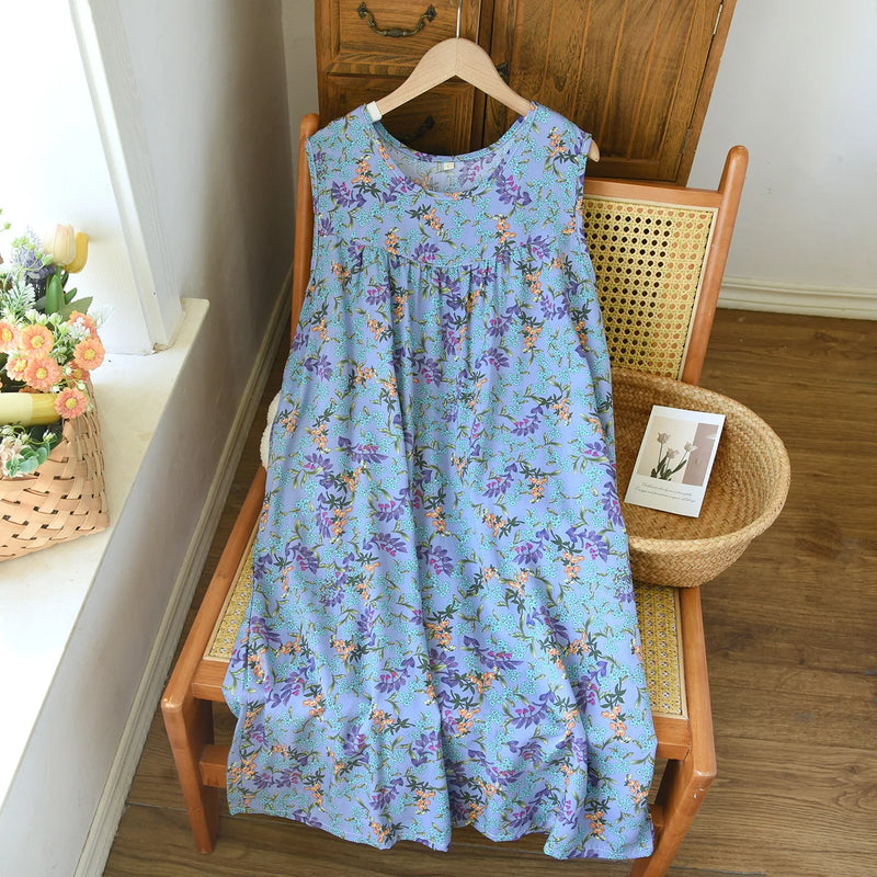 New Style Summer Sleepwear One Piece Dress Sleeveless Floral Nightgowns Woman Nightdress Soft Home Wear Lounge Sleeping Dress