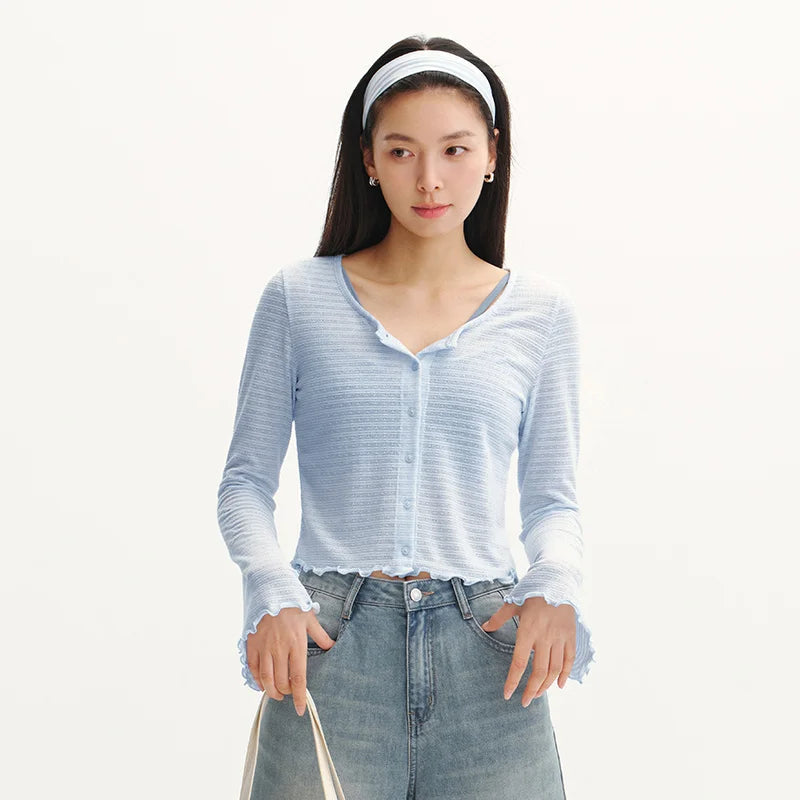 Semir Women Tshirt Textured 2026 Jacquard Slim Fit Ruffle Trim Knitted Crew Neck Urban Casual Everyday Style Soft