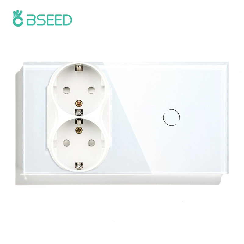 BSEED Wall Electrical Socket With 1/2/3Gang 1Way Touch Light Switch USB Type-c Charge Power Outlet Glass Panel White Wall Switch