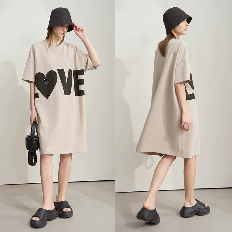 Amii Women's Printed Short Sleeve Dress Round Neck Loose Elastic Long Dress 2026 Summer New Fashion Knitted Clothing 12512014