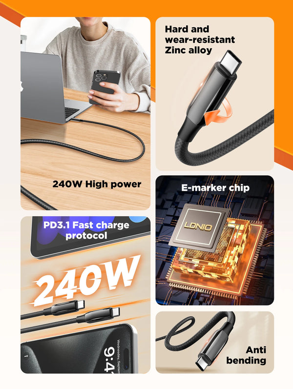 ខ្សែ LDNIO 240W PD3.1 ប្រភេទ C ខ្សែសាកលឿន USB C សម្រាប់ MacBook Laptop Huawei Xiaomi Oppo Realme iPad Oneplus 1m 2m