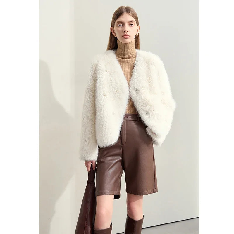 AMII Minimalist 2026 Winter New Women's Commuter V-neck Handmade Beaded Imitation Mink Fur Loose Warm Plush Jacket 12424021