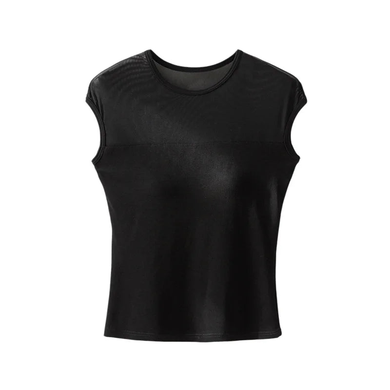 Mesh Splicing Fixed Breast Pad T-shirt for Women's Summer Slim Short-sleeved Bra Sleepwear Top One Piece Nightwear Pajamas