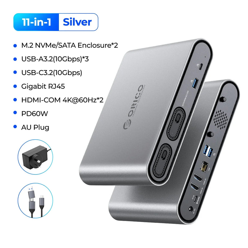 ORICO USB C Triple Display Docking Station with 65W Power Adapter Dual M.2 SSD Case 4K60Hz HDMI-com PD60W Ethernet USB3.2 10Gbps