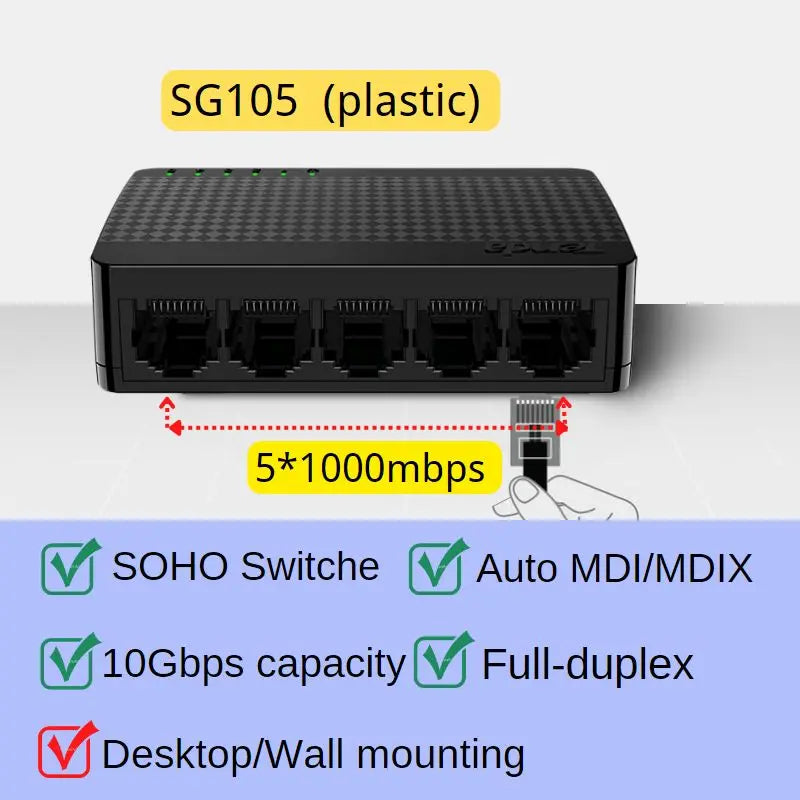 Tenda Gigabit Switch Ethernet 5/8 ច្រក 1000 Mbps 10x Fast Switch RJ45 Hub Ethernet Network Switch SOHO Desktop Smart WiFi Switch