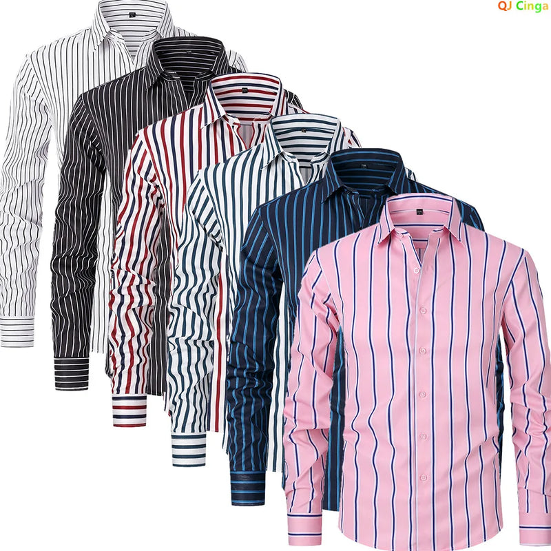 2026 Men's Pink Long-Sleeve Striped Shirt, White Single-Breasted Lapel Shirts, Available in Black or Blue.