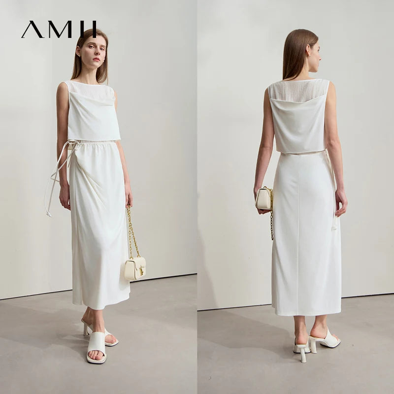 Amii Women Minimalist Casual Dress 2026 Summer New Office Lady Light Luxury Sleeveless Knit Drawstring Midi Dresses 12542115