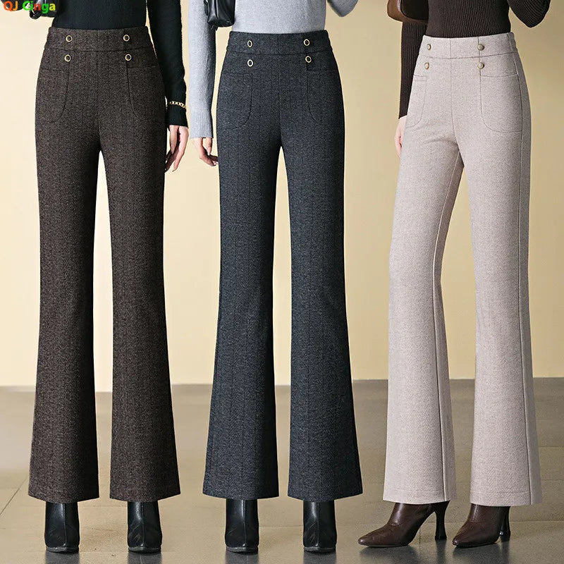 New Winter Women's Slightly Flared Pants,Elastic Waist Herringbone High Waisted Trousers,Beige,Coffee,Gray Available, Asian Size