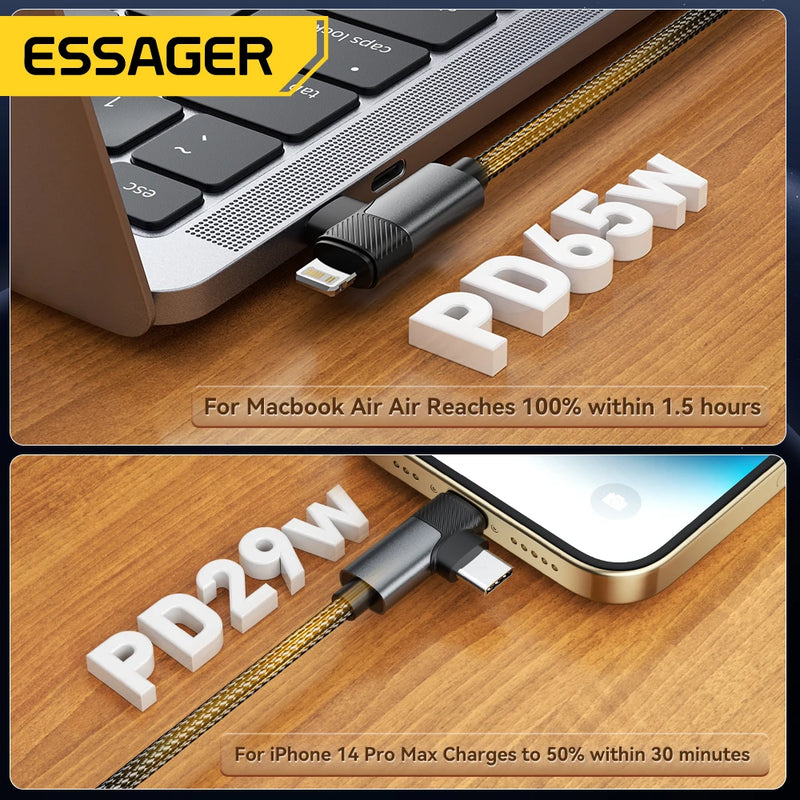 ខ្សែសាក Essager 2 in 1 USB Type C 65W PD Fast Charging Wire Type C To Lighting Cable សម្រាប់ iPhone 15 14 Pro Max MacBook iPad Xiaomi