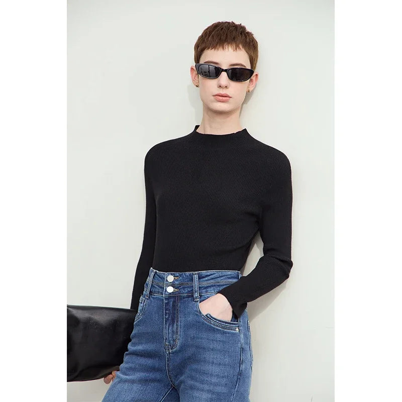 Amii Minimalism 2026 Autumn Sweaters For Women New Mock Neck Raglan Sleeve Slim Bottoming Sweater Basic Female Knitwear 12443227