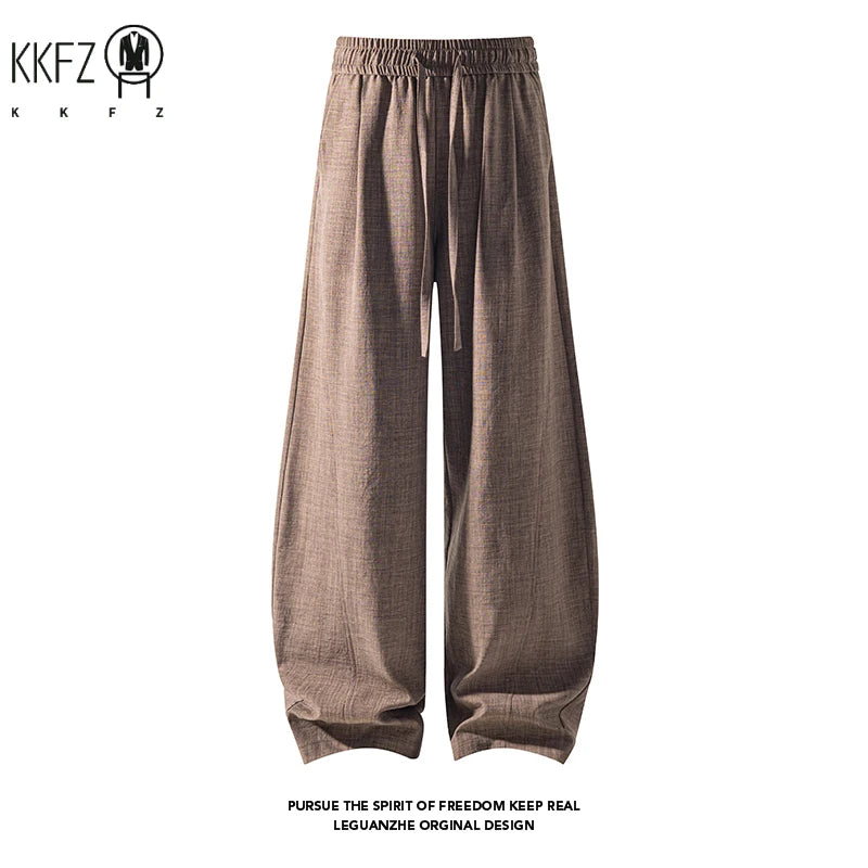 Youth Casual Floor Length Pants For Males Wide Leg Elastic Waist Light Textured Cloth Travel Friendly Long Bottom Wear