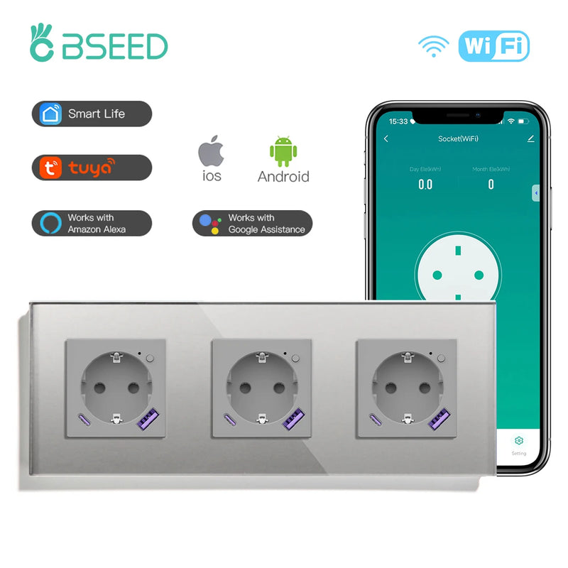 BSEED EU Standard Wifi Smart Socket With 20W USB Type-C Port Power Monitor Timing Function Tuya Alexa Smart Home Control 16A