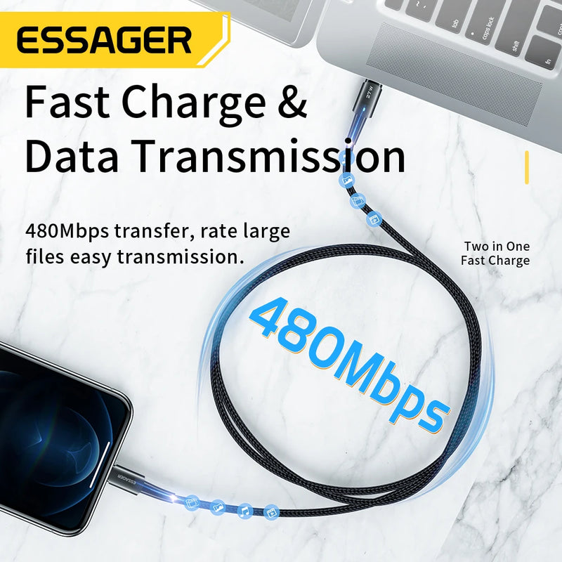 ខ្សែសាក Essager 27W USB C សម្រាប់ iPhone 14 13 12 11 Pro Max XS 20W ខ្សែសាកលឿន Type C ទៅខ្សែភ្លើងកាលបរិច្ឆេទសម្រាប់ iPad Macbook