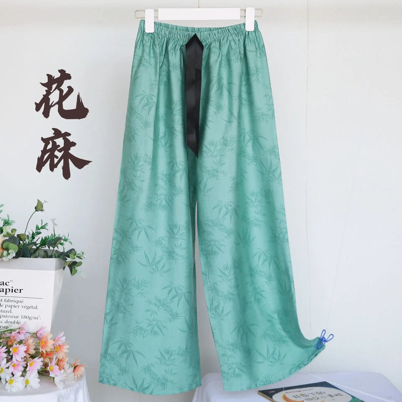 Spring Fall Cotton Linen Jacquard Sleepwear Retro Wide Leg Pants Casual Loose Versatile Home Pant Women Pajamas Trousers