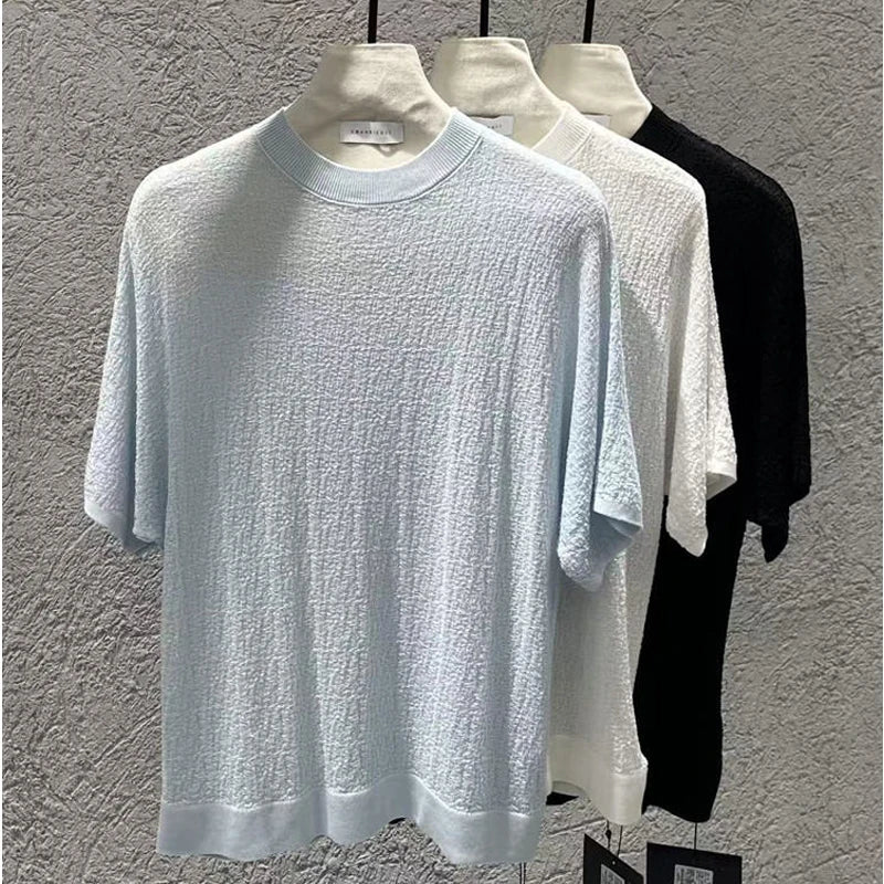 Men's Summer Short Sleeve T-Shirt Knitted Crew Neck Loose Fit Drop Shoulder Ice Silk Cooling Base Layer Top