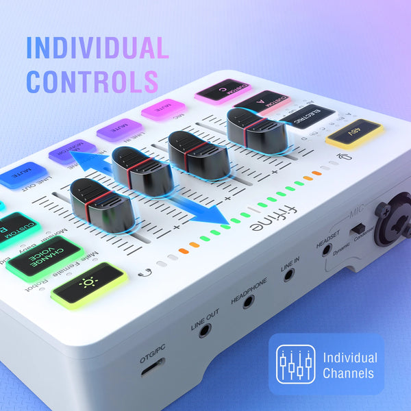 ឧបករណ៍លាយសំឡេង FIFINE Gaming USB Mixer ជាមួយ 4-Channels/XLR Microphone Interface/RGB, ឧបករណ៍លាយសំឡេងសម្រាប់ការផ្សាយផតខាសហ្គេម AmpliGame SC3W