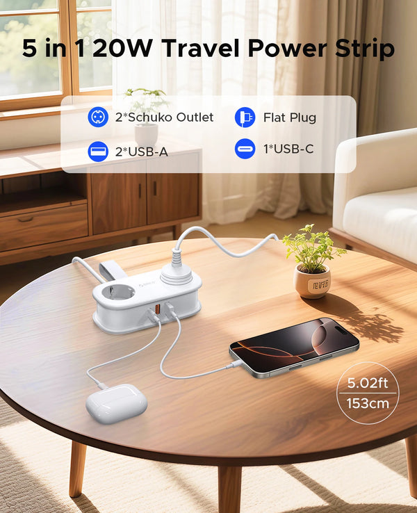 ORICO 20W EU Plug Electrical Power Strip with 2AC Outlets 2USB 1 Type-C Port 1.53M Extension Cable Smart Socket for Home/Travel