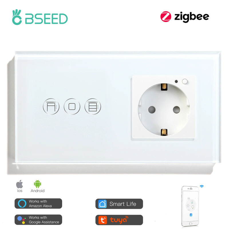 BSEED Tuya Zigbee Shutter Touch Switch For Electric Motor Roller Shutter Plus Zigbee Smart Socket Google Home Alexa App Control