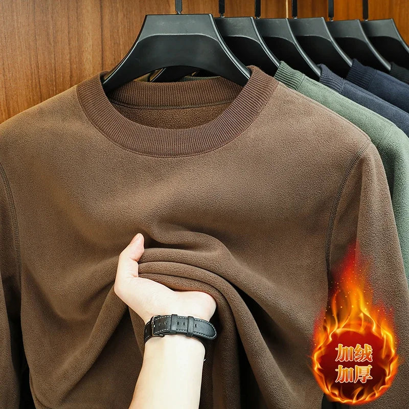 Men's Velvet Hoodie, Long Sleeve Round Neck Monochromatic Casual Versatile Top Autumn Winter Fashion