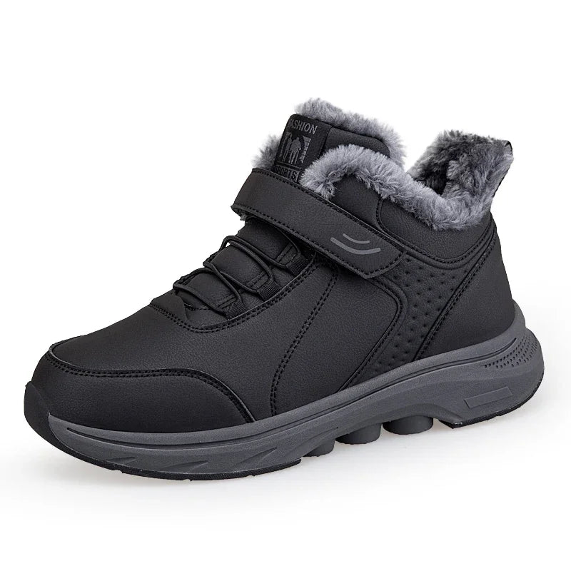 Winter Plush Lined Elderly Shoes PU Leather Non-Slip Rubber Adjustable Strap Warm Snow Boots Comfort Walking Shoes for Elderly