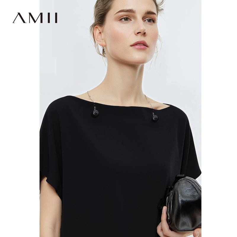 Amii Off-the-shoulder Women's Blouse 2026 Summer New Beaded Chain Chiffon Top Solid Loose Dolman Sleeve Shirt For Women 12642159