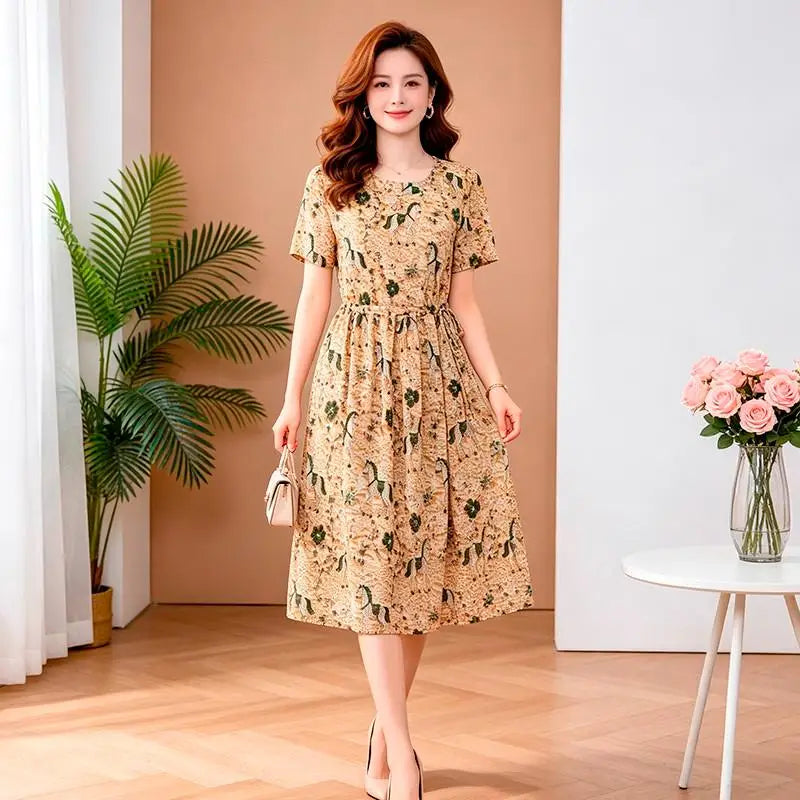 រ៉ូប ផ្កា បោះពុម្ព បែប វីនថេច សម្រាប់ នារី រលុង ស្ដើង ទាន់សម័យ បែប ម្តាយ ធម្មតា ដៃខ្លី ប្រវែងមធ្យម