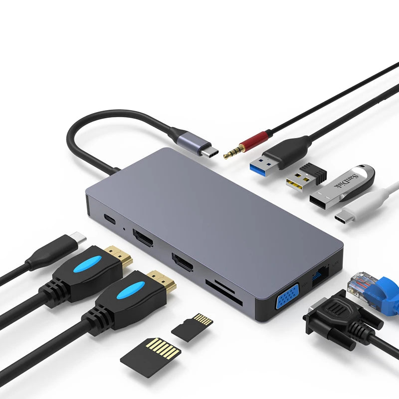Blueendless Dual HDTV 12 រន្ធ Type C Hub អាលុយមីញ៉ូម រន្ធច្រើនសម្រាប់អានកាត SD/TF RJ45 1000M VGA Usb Adapter 12 ក្នុង 1 Usb C Hub