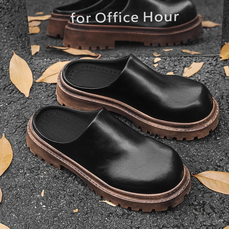 Men's Classic Mules Casual Slip-On Shoes Four Seasons Soft Sole Anti-Slip Breathable Outdoor Walking Leather Shoes Semi Slippers