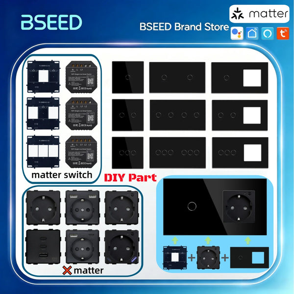BSEED 1/2/3Gang Matter Touch Switch Module Smart Light Switch Part Tuya Smart Life APP EU Socket Outlets Glass Panel Combination