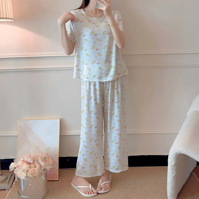 Comfort for Homewear Floral Pajamas 2 Pieces Set for Woman Casual Summer New Short Sleeve Sleepwear Women's Loungewear Suit