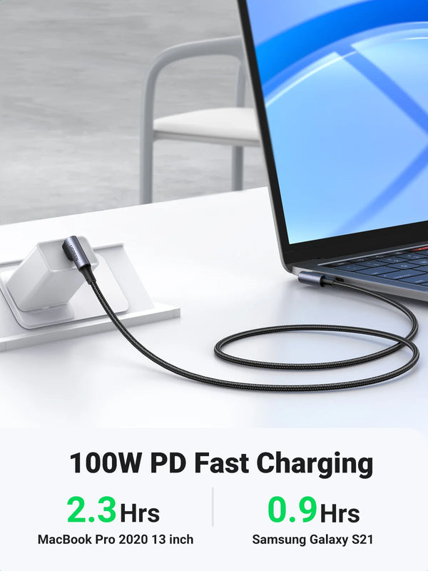 ខ្សែសាក UGREEN USB-C 90 ដឺក្រេ PD100W/60W Type-C សម្រាប់លេងហ្គេម ខ្សែសាកមុំស្តាំ 5A/3A សម្រាប់ iPhone 17/16 Samsung MacBook 0.5-3M
