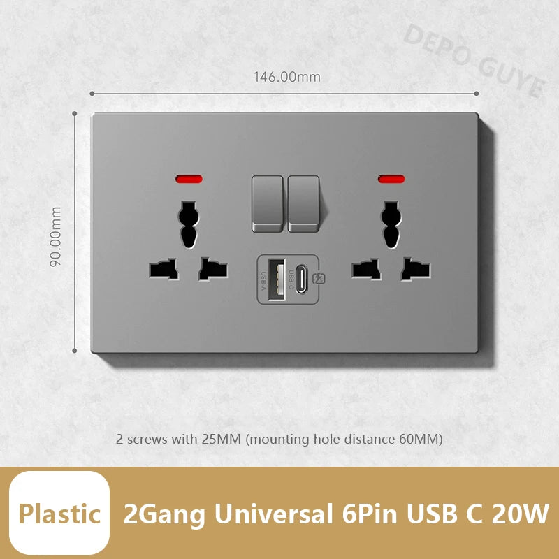 Universal 20W Type-C Wall Quick charge Socket,Dual Switch control Universal Power outlet,White UK Standard USB Interface Socket