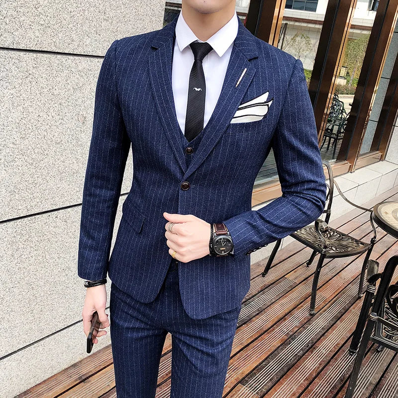 2026 Men Black Classic Striped/Checked Suits, Men's Business Office 3-Piece, Asian Size Slim Fit Sets, Blue/Gray Available