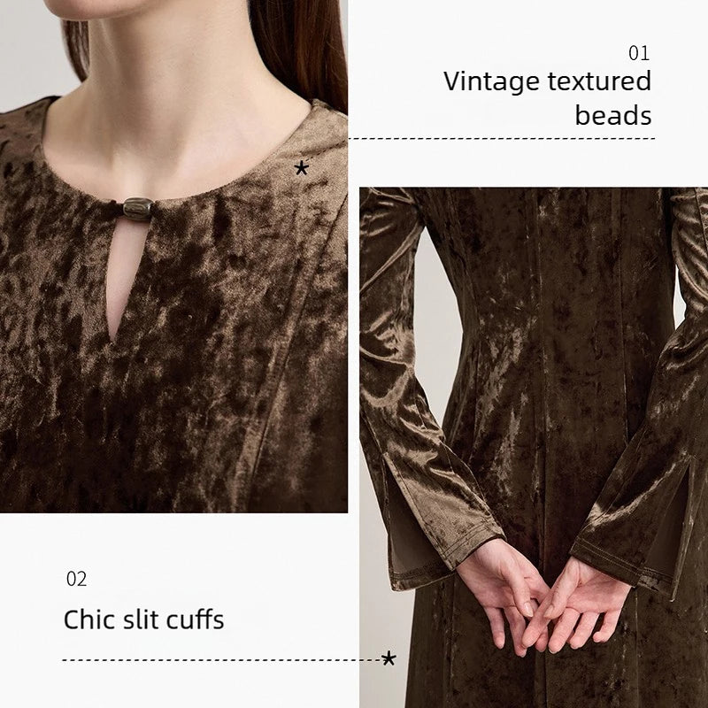 AMII Womens Dresses 2026 Autumn New Retro Long Sleeves A-Line Dress Ladies O-neck Slim Knitted Elegance Woman Clothing 12553103