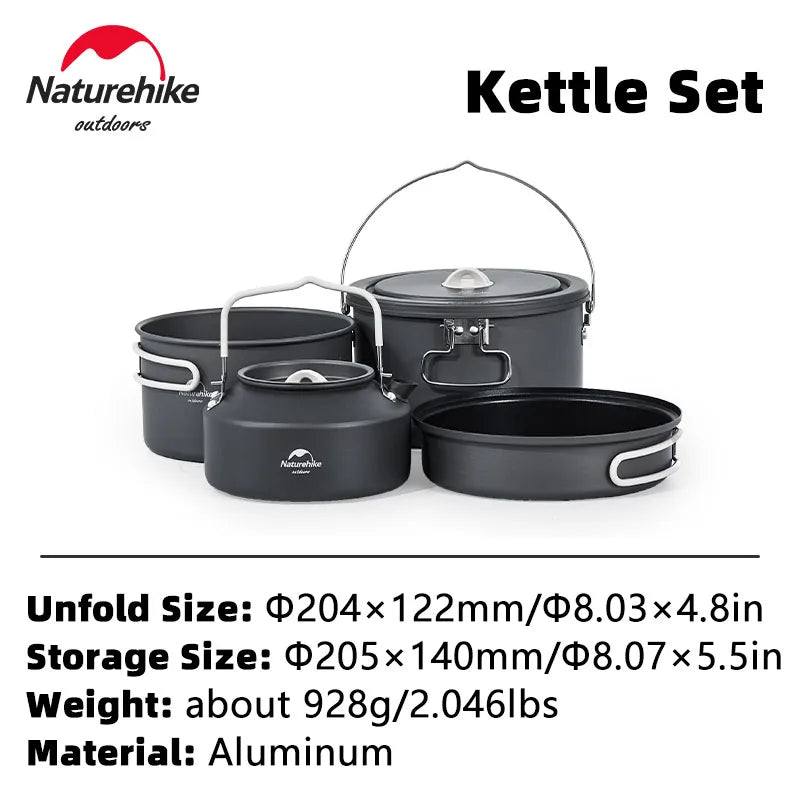 Naturehike Aluminum Alloy Pots Set 4pcs Non-Stick Pan with Mesh Bag Portable Outdoor Camping Cookware Picnic Cooking Tableware