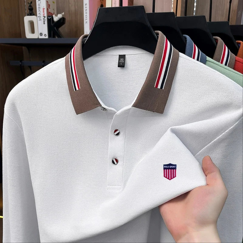 Man 100% Cotton Long-Sleeved Polo Shirt Lapel Button Exquisite Pattern Embroidery Autumn Snug Leisure Versatile Men's Polo Shirt