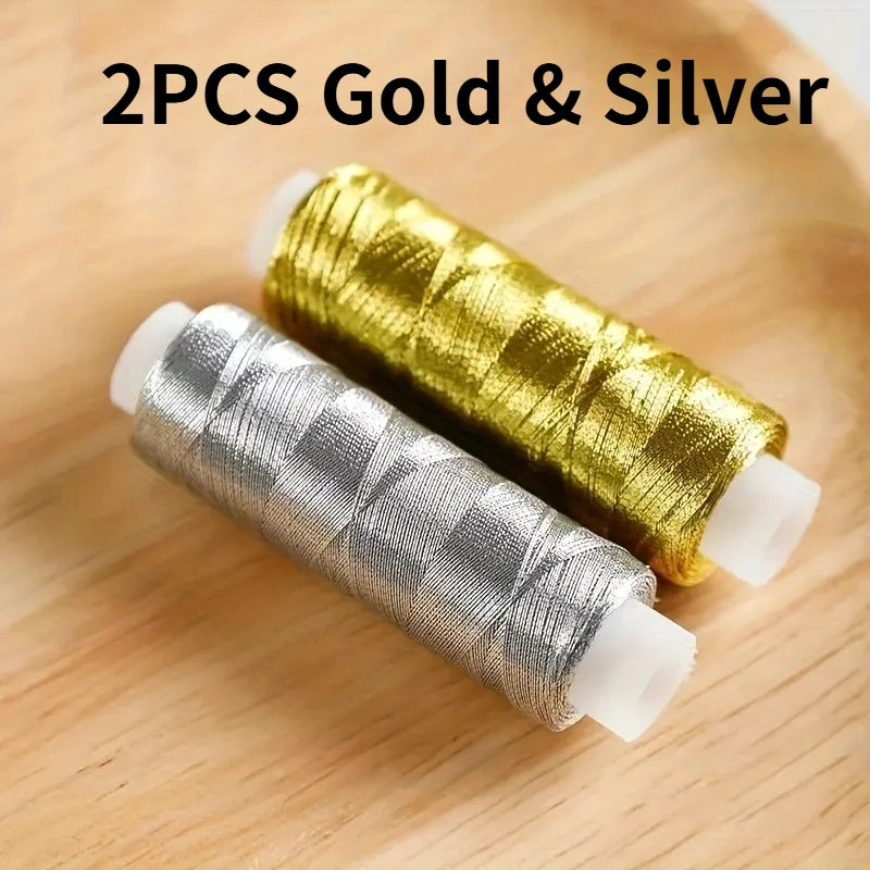 2pcs/Deluxe Golden, Silvery, Thread - 182.88 meter, Bright and Shimmering, for DIY Sewing, Embroidery, and Patchwork Crafts.