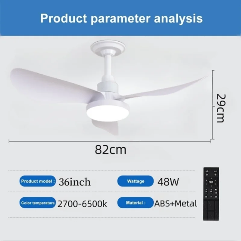 24-32 Inch Ceiling Fan Intelligent Remote Control 3speed with 3Color Lights Fan Nordic Style for Bedroom Dining Room Living Room