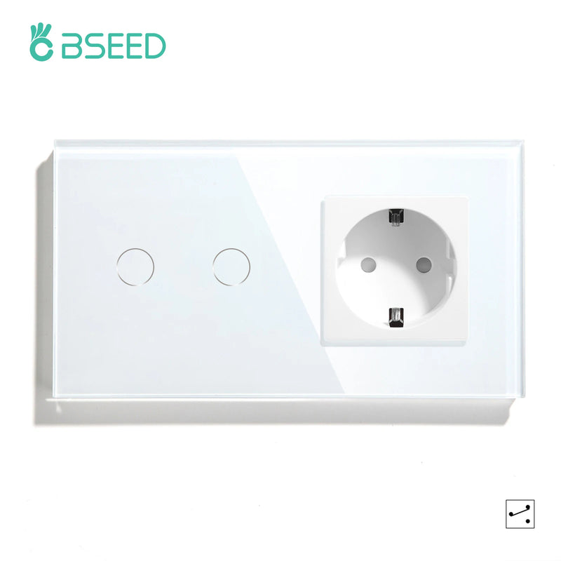Bseed 1/2/3 Gang 2 Way Touch Light Switch with EU Socket and USB Type-C Port, Tempered Glass Wall Switch with Blue Backlight