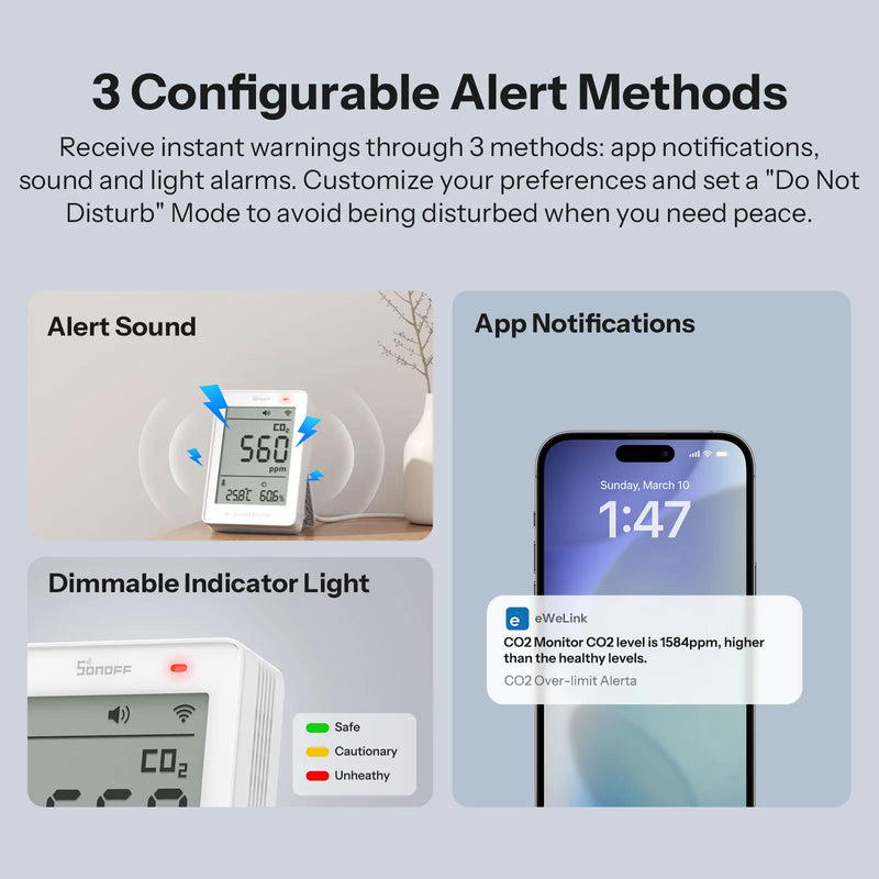 SONOFF AirGuard CO2 Matter Over WiFi Air Quality Monitor SAWF-08P Temperature Humidity Meter Sound & Light Alarm Historical Data