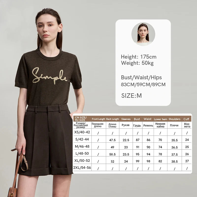 AMII Woman T-Shirts 2026 Summer Letter Jacquard Round Neck Knitted Crop Top Casual Short Sleeve Tee Women Clothes 12523051