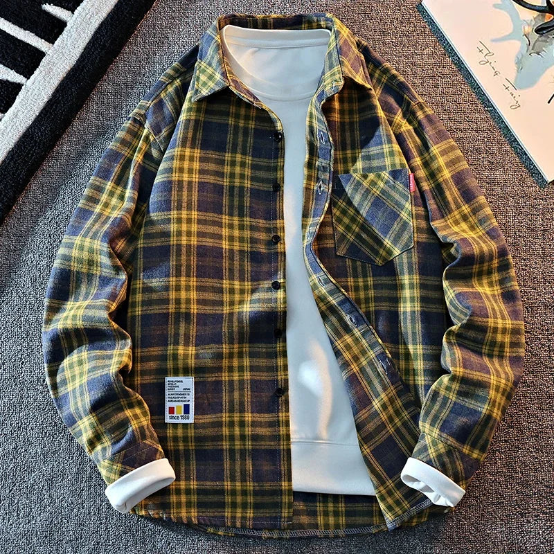 Classic Casual Plaid Overshirt Men Button Front Lapel Single Pocket Long Sleeve Basic Street Layered Fashion Top